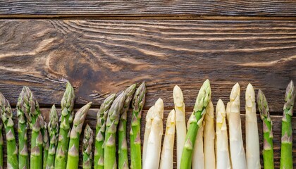 einzelne Grüner und weißer Spargelstangen auf Holzhintergrund am unteren Rand, textfreiraum 