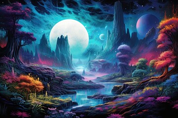 Fantasy alien planet with colorul landscape. Ai generative