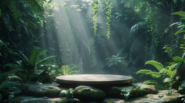 Natural stone podium in a vibrant rainforest setting, highlighted by rays of sunlight filtering through the canopy
