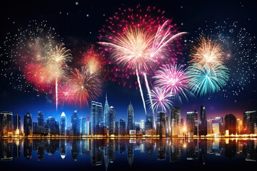 Fototapeta na wymiar Generative ai on theme festive brightly fireworks on twilight background high in dark sky