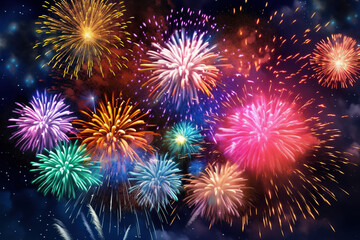 Fototapeta na wymiar Generative ai on theme festive brightly fireworks on twilight background high in dark sky