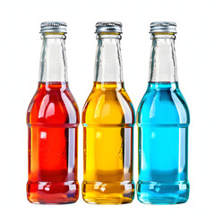 Glass bottles filled with colorful liquids isolated on white background, pop-art, png
