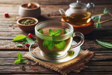 Green tea in a clear cup with mint . On a rustic wooden table