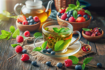 Green tea in a clear cup with mint and berries. Raspberries and blueberries. On a rustic wooden table