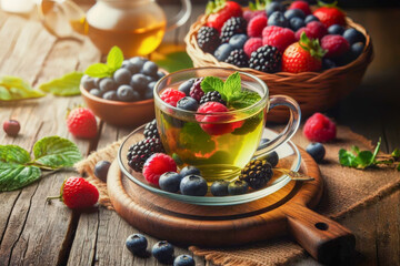 Green tea in a clear cup with mint and berries. Raspberries and blueberries. On a rustic wooden table