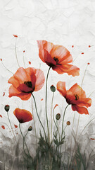 Japanese crushed paper, featuring delicate poppy flowers. The natural mineral pigments bring out the vibrant reds and oranges of the flowers, contrasting beautifully against the white background. The 