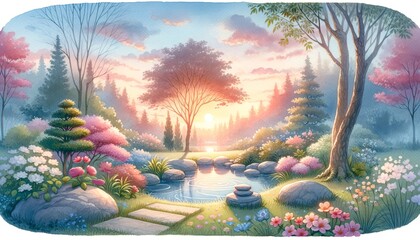 Idyllic springtime garden fantasy illustration with blooming trees, tranquil pond and stepping stones, ideal for Easter backgrounds or meditation retreat themes - obrazy, fototapety, plakaty