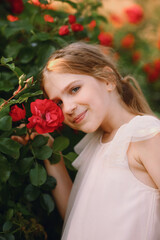 Beautiful girl with blonde hair holding a red rose flower near her face while posing in the rose garden in summer. The charm of youth
