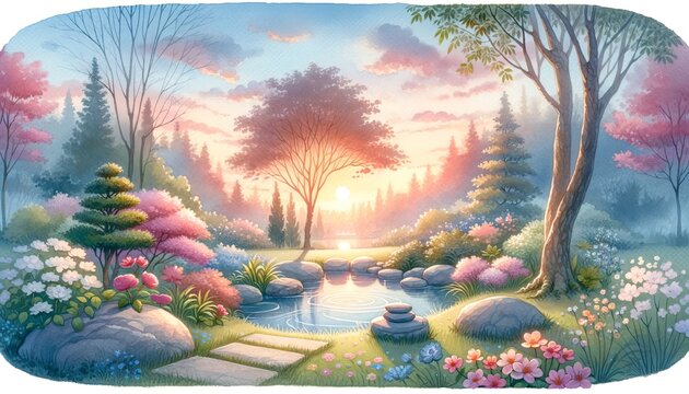 Idyllic springtime garden fantasy illustration with blooming trees, tranquil pond and stepping stones, ideal for Easter backgrounds or meditation retreat themes