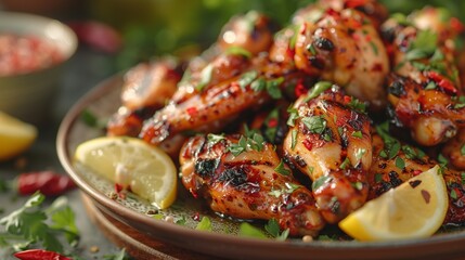 Tempting chicken wings adorned with zesty lemon and aromatic herbs, tantalizing the taste buds - obrazy, fototapety, plakaty