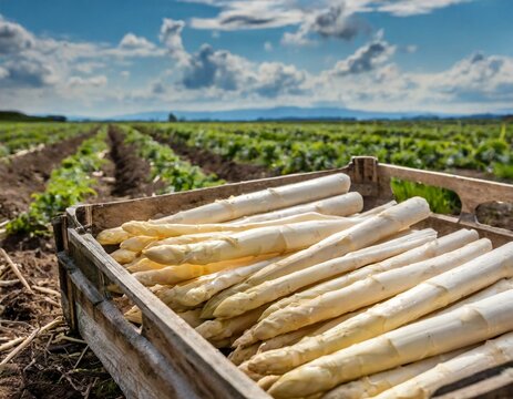 Wei&szlig;er Spargel in Kiste beim Ernten