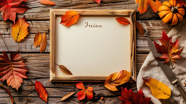 A cozy menu frame on a wooden tabletop adorned with autumn leaves.