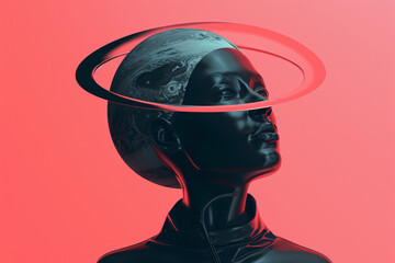 a black mannequin with a planet on its head
