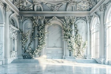 Intricate Marble Interior with Baroque Elegance, 19th Century Flourish and Delicate Flowers, 3D Render