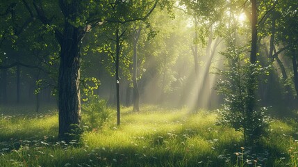 Obraz premium Rays of light in a deep forest. Trees, animals, berries, cones, path, greenery, sun, flowering, nature, thicket, taiga, clearing, firewood, edge, pine needles. Generated by AI