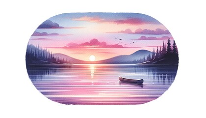Tranquil watercolor illustration of a serene lakeside sunset with a canoe, ideal for themes related to nature, relaxation, and World Environment Day - obrazy, fototapety, plakaty