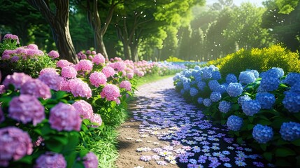 The road is strewn with flowers. Nature, holiday, florist, bouquet, roses, smell, beauty, daisies, gift, flowerbed, garden, vase, bees, life, tulip, plants, petals, pollen. Generated by AI - obrazy, fototapety, plakaty