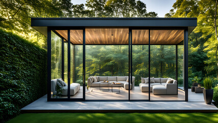A sunroom composed of glass and steel frames, with trees and green plants outside the window
 - obrazy, fototapety, plakaty