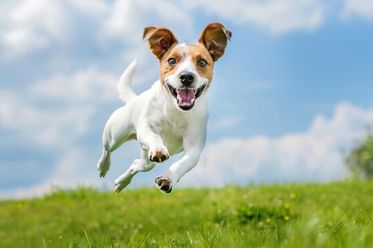 Joyful jumping dog on green grass field with blue sky and white clouds background, happy pet concept photo