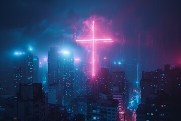 Pink Cross in the Sky A Glowing Night in the City Generative AI