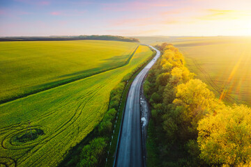 Bird's eye view of a morning country road passing through farmland and cultivated fields.