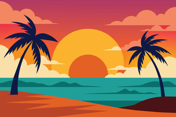 Fototapeta na wymiar Sunset on Summer Beach background Vector Illustration design