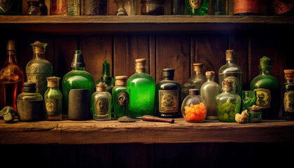 a lot of poison and specimens in the glass on the wood wardrobe 