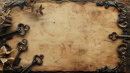 A vintage-inspired menu frame on a weathered parchment with antique keys.