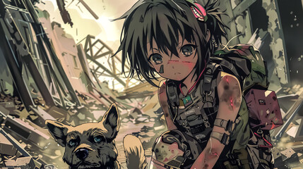 Post-apocalyptic companion: girl and dog in ruins