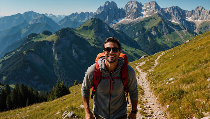 Uomo sorride felice mentre cammina durante un trekking estivo in montagna su un sentiero delle Alpi - obrazy, fototapety, plakaty