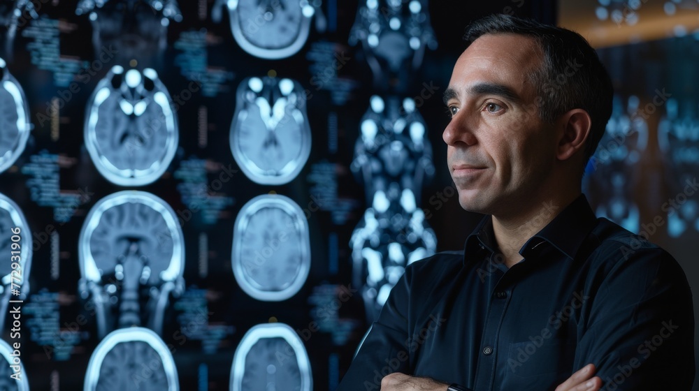 Poster man standing in front of mri images