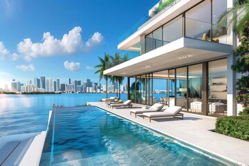 Modern villa with infinity pool overlooking Miami skyline, luxurious Florida real estate, 3D rendering - obrazy, fototapety, plakaty
