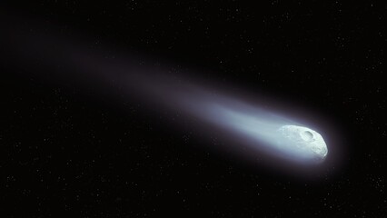 A comet with a long shining tail. Large cosmic body in space. Large fireball on a black background.