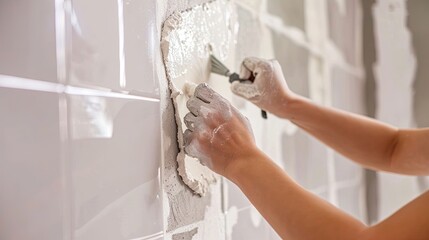 Woman carefully applying grout between tiles. DIY, home improvement, grouting, tiles, woman, focus, flawless, renovation, tiling, craftsmanship. . Generated by AI