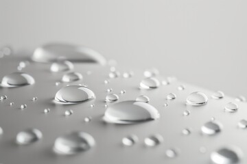 Close-up view of multiple water droplets of various sizes resting on a smooth, light gray surface,...