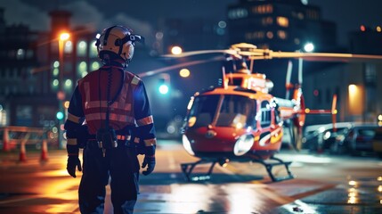 A helicopter landing at a trauma center to transport a critical patient. - obrazy, fototapety, plakaty