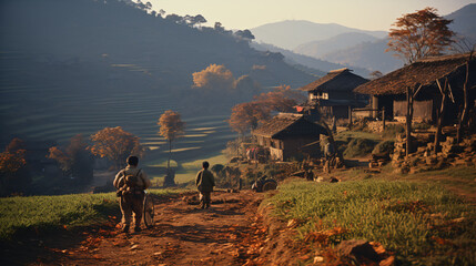 a group of people walking down a dirt path with houses and trees