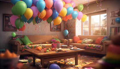 A birthday party decoration in a warm living room with colorful balloons