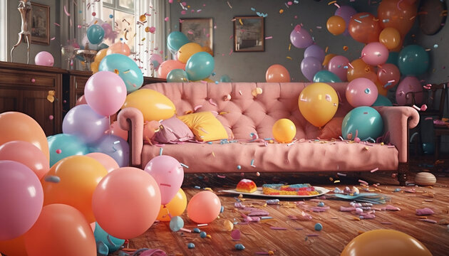 A modern living having a party with colourful balloons and conffeti 