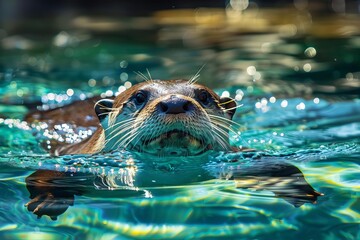 River otter swimming in crystal-clear water, wildlife photography, natural habitat, animal portrait - obrazy, fototapety, plakaty
