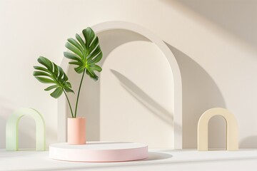 A stylish minimalist display with a tropical plant accented by soft shadows and geometric shapes for product presentations.