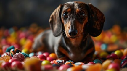 Dachshund surrounded by colorful candies, showcasing the dog's cute and elongated form