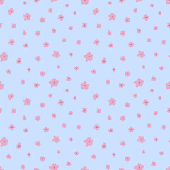 Vector seamless pattern. Sakura blossom. Floral abstract ornament. Hand drawn simple style.  Spring summer collection for textile, apparel, wrapping, wallpaper. Blue background.