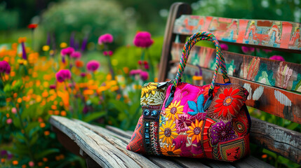 A vibrant handbag placed on a wooden bench in a colorful garden.