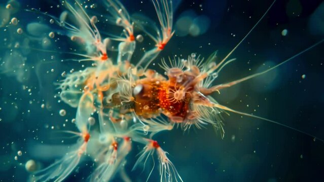 A zoomedin image of a tiny otherworldly creature with a body resembling a horseshoe crab and long feathery appendages extending from . AI generation.