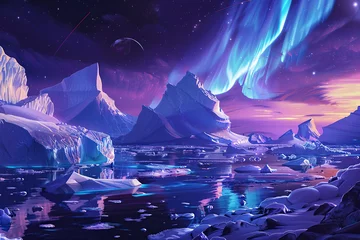 Poster Generative ai on theme of beautiful northern lights, bright aurora borealis winter in atmosphere © oleg525