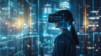 Man Wearing Virtual Reality Headset in Futuristic City