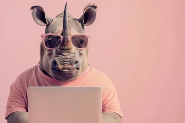 Deurstickers Portrait of a rhino wearing pink sunglasses and holding a laptop on a pink pastel background. Creative learning concept. © Владимир Солдатов