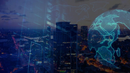 Double exposure of financial graph and world map over cityscape background, business and technology...