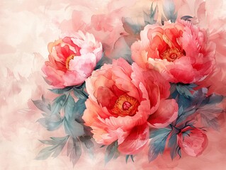 warm tone peony bouquet, watercolor with flowing brushstrokes, richly textured and vibrant
